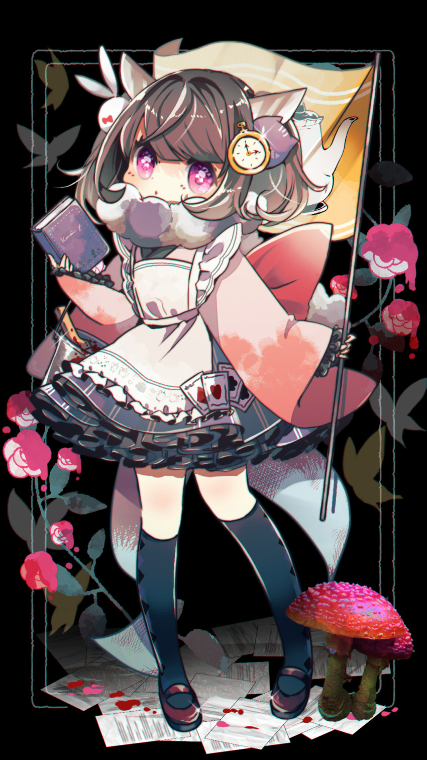 1girl :o alice_in_wonderland alternate_costume apron black_background black_skirt black_socks blood book brown_hair bug butterfly card clock_hair_ornament commentary_request flag flower frilled_skirt frills full_body fur_scarf headgear highres holding holding_book holding_flag japanese_clothes kimono kneehighs looking_at_viewer maid maid_apron mary_janes medium_hair mushroom oyasumi_makura paper parted_lips petticoat pigeon-toed pink_eyes pink_kimono playing_card pocket_watch red_flower shoes short_kimono short_twintails sidelocks skirt socks solo standing touhoku_kiritan twintails unconventional_maid voiceroid wa_maid watch wide_sleeves