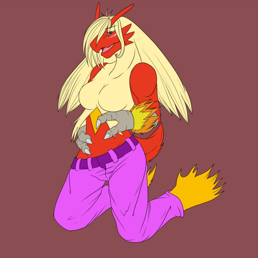 anthro aroused blaziken blue_eyes blush breast_growth breasts clothed clothing colored feathers female fire fur gender_transformation generation_3_pokemon growth hair hand_on_hip hi_res kaitofletcher kneeling long_hair medium_breasts mind_alteration mtf_transformation nintendo open_mouth personality_change pokemon pokemon_(species) red_body red_feathers solo species_transformation thick_thighs transformation yellow_body yellow_feathers yellow_fur