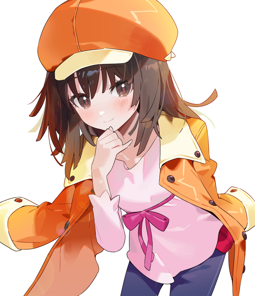 1girl absurdres bakemonogatari black_hair blue_pants brown_eyes cabbie_hat hand_on_own_chin hat highres jacket kishimen_hair light_blush looking_at_viewer medium_hair monogatari_(series) open_clothes open_jacket orange_hat orange_jacket pants pink_shirt sengoku_nadeko seoji shirt simple_background solo white_background