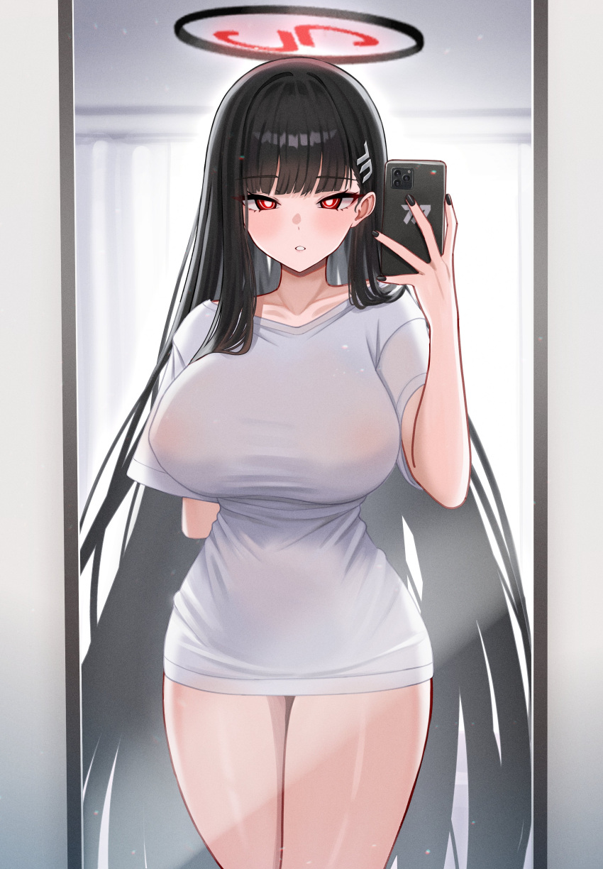 1girl :o absurdres arm_behind_back black_hair blue_archive blush breasts cellphone collarbone fingernails full-length_mirror halo highres holding holding_phone large_breasts long_hair looking_at_viewer meme mijikayo nail_polish no_bra no_pants pajamas_challenge_(meme) phone red_eyes reflection rio_(blue_archive) selfie shirt solo straight_hair very_long_hair white_shirt