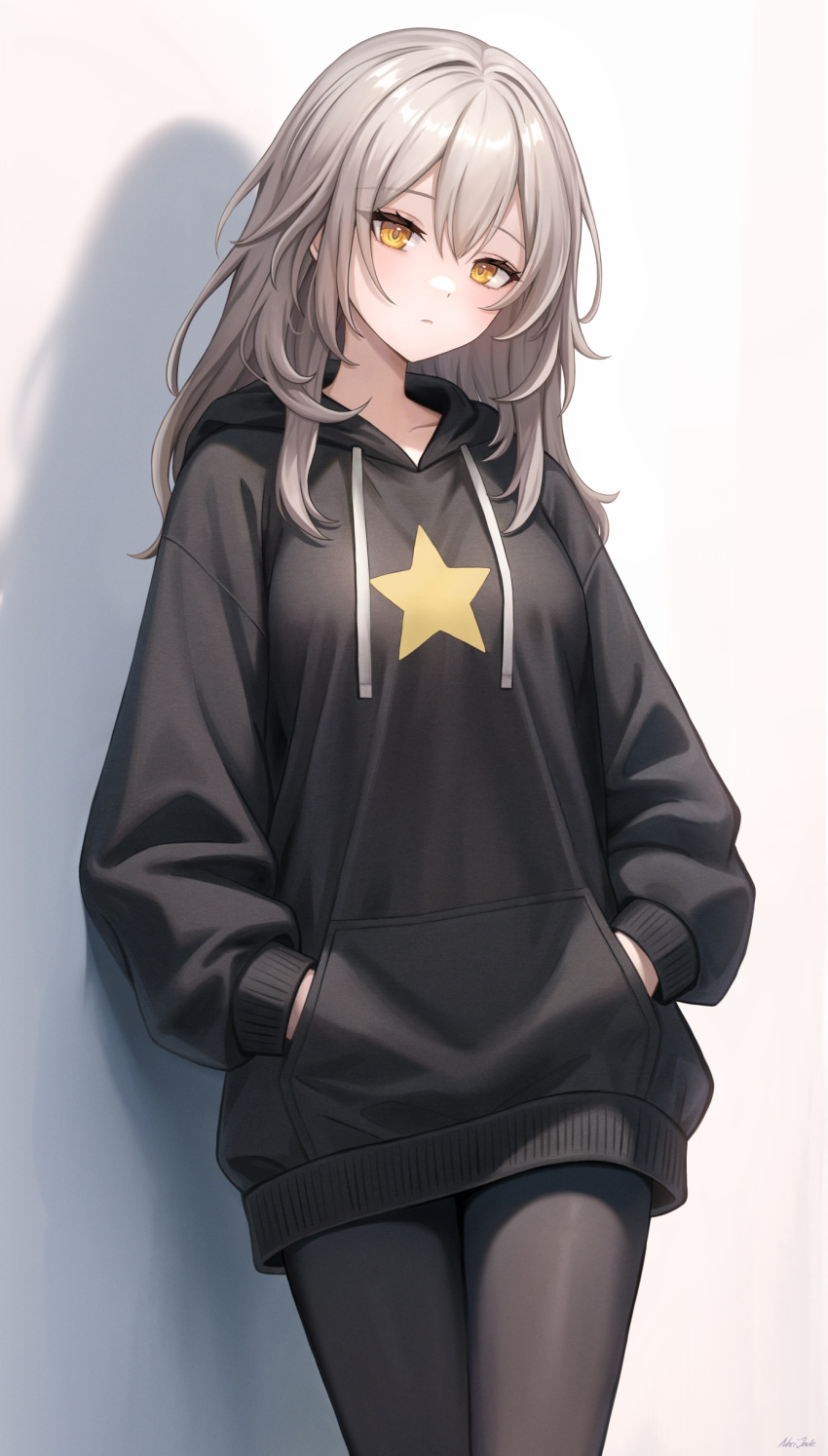 1girl absurdres black_hoodie black_pantyhose blush brown_hair closed_mouth grey_hair hair_between_eyes highres honkai:_star_rail honkai_(series) hood hoodie long_hair long_sleeves looking_at_viewer narijade pantyhose solo star_(symbol) stelle_(honkai:_star_rail) trailblazer_(honkai:_star_rail) yellow_eyes