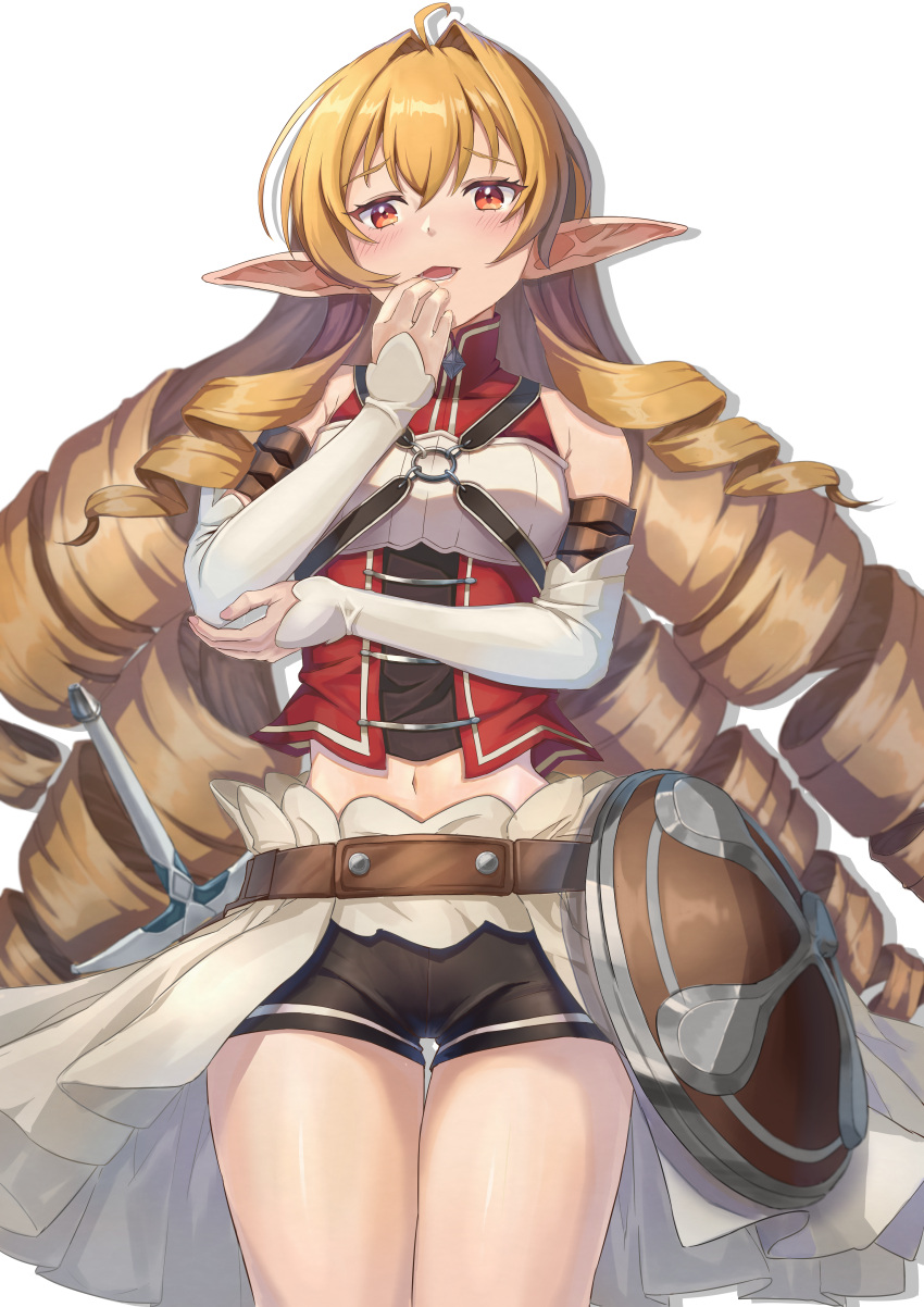 1girl absurdres agmt ahoge bare_shoulders belt black_shorts blonde_hair cropped_shirt detached_sleeves drill_hair elf elinalise_dragonroad hair_intakes hand_to_own_mouth highres long_hair looking_at_viewer mushoku_tensei navel open_mouth orange_eyes pointy_ears red_shirt shield shirt shorts showgirl_skirt solo thigh_gap thighs very_long_hair