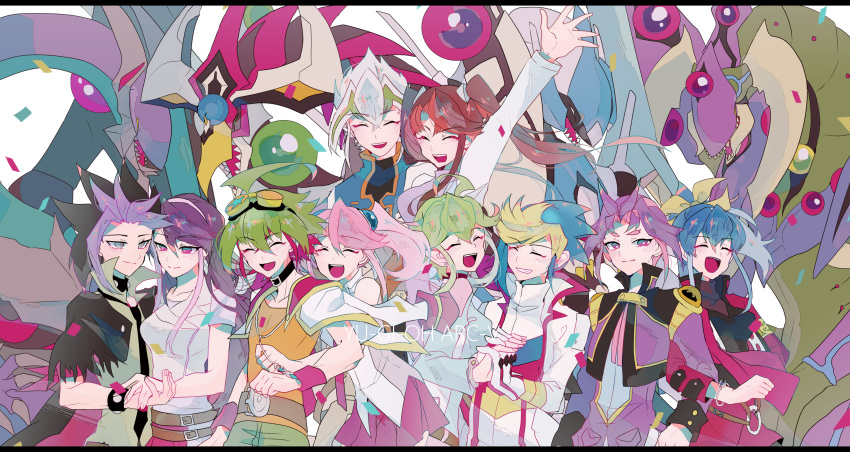 5boys 5girls absurdres ahoge akaba_rei arm_up black_hair black_jacket black_necktie blonde_hair blue_hair bodysuit bracelet_girls brown_hair choker clear_wing_synchro_dragon closed_eyes copyright_name couple cropped_jacket dark_rebellion_xyz_dragon dragon goggles goggles_on_head green_hair green_shirt hetero highres hiiragi_yuzu holding_hands jacket jacket_on_shoulders kurosaki_ruri long_hair multicolored_hair multiple_boys multiple_girls necktie odd-eyes_pendulum_dragon orange_shirt pink_hair pink_skirt purple_eyes purple_hair purple_jacket red_hair red_jacket rin_(yu-gi-oh!) sakaki_yuuya serena_(yu-gi-oh!) shirt short_hair skirt starving_venom_fusion_dragon tasutekete torn_clothes torn_jacket twintails two-tone_hair upper_body white_bodysuit white_hair white_jacket yu-gi-oh! yu-gi-oh!_arc-v yuuri_(yu-gi-oh!) yuuto_(yu-gi-oh!) zarc