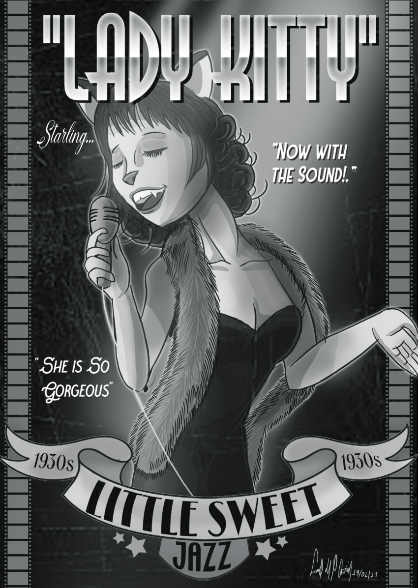 1930s_(style) animal_ears black_dress cartoonized cat cat_ears dress greyscale highres microphone monochrome music non-web_source original retro_artstyle singing toon_(style)