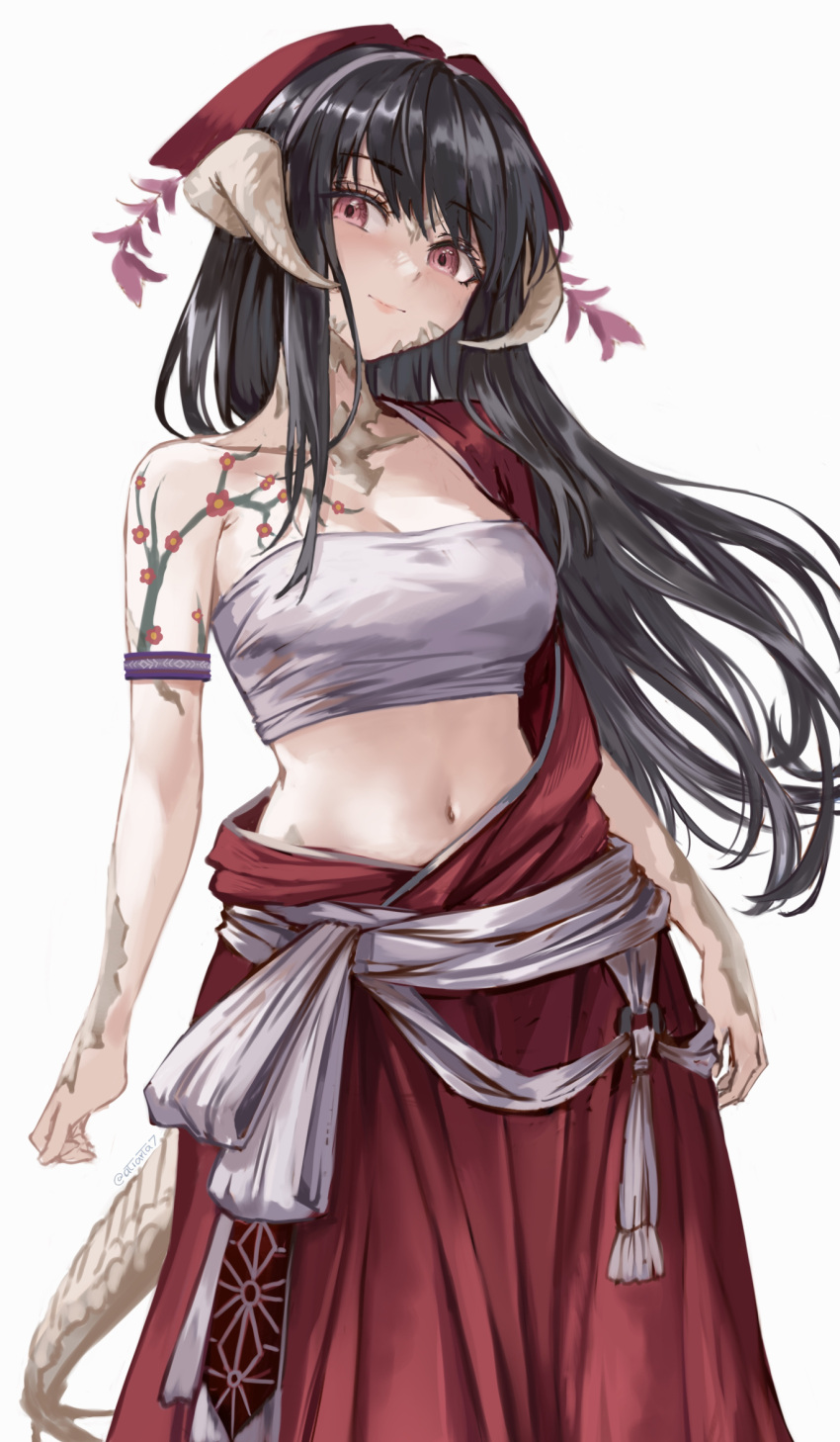 1girl arm_tattoo armband atiarta7 au_ra black_hair blush breasts brown_eyes cleavage collarbone commission contrapposto dragon_horns dragon_tail english_commentary final_fantasy final_fantasy_xiv hakama hakama_pants head_tilt highres horns japanese_clothes light_blush long_hair looking_at_viewer medium_breasts navel off_shoulder original pants purple_eyes sarashi scales simple_background solo tail tattoo white_background