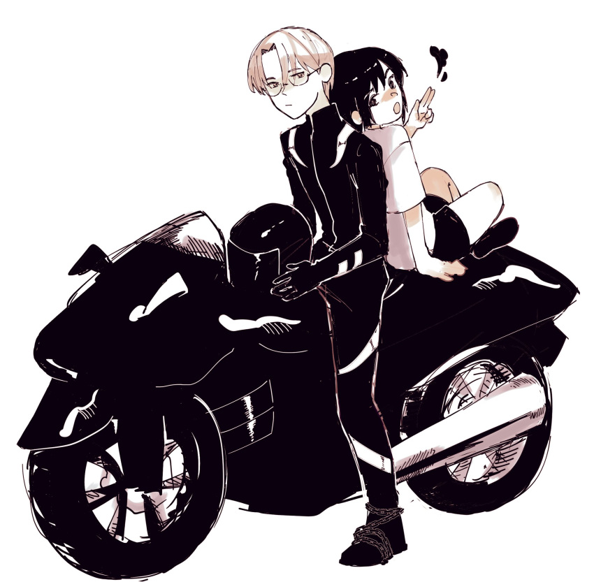 1boy 1girl back-to-back biker_clothes bikesuit black_hair blonde_hair bodysuit choujin_x glasses height_difference helmet higashi_azuma_(choujin_x) highres leaning_on_person looking_at_viewer motor_vehicle motorcycle motorcycle_helmet oa_lien otta_ely_(choujin_x) shirt smoke smoke_heart white_background white_shirt