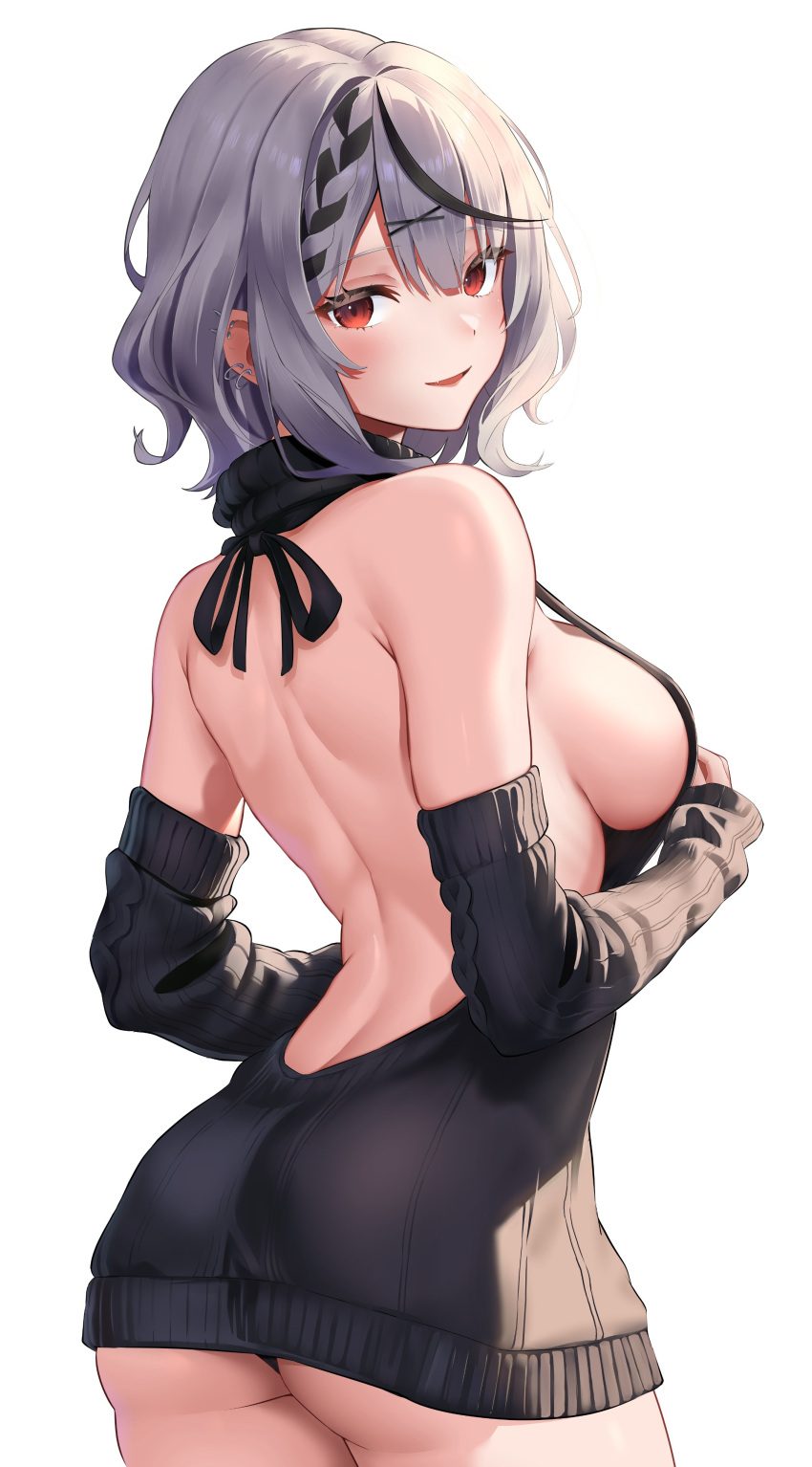 1girl absurdres alternate_costume ass ass_peek back backless_outfit bare_shoulders black_hair black_panties black_sleeves black_sweater braid breasts cable_knit detached_sleeves ear_piercing grey_hair hair_ornament highres hirahiragi_(h1rqg1) hololive large_breasts light_blush looking_at_viewer median_furrow medium_hair meme_attire multicolored_hair panties parted_lips piercing red_eyes sakamata_chloe sideboob simple_background sleeves_past_wrists smile solo streaked_hair sweater turning_head turtleneck turtleneck_sweater underwear virgin_killer_sweater virtual_youtuber white_background x_hair_ornament