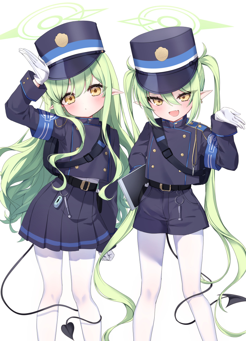 2girls absurdres armband belt black_belt black_hat black_shirt black_skirt black_tail blue_archive blue_armband blush buttons closed_mouth demon_tail double-breasted fang gloves green_hair green_halo halo hat highlander_sidelocks_conductor_(blue_archive) highlander_twintails_conductor_(blue_archive) highres ineka_ka long_hair long_sleeves looking_at_viewer miniskirt multiple_girls open_mouth pantyhose peaked_cap pleated_skirt pointy_ears shirt simple_background skin_fang skirt smile tail tail_around_own_leg twintails very_long_hair white_background white_gloves white_pantyhose yellow_eyes