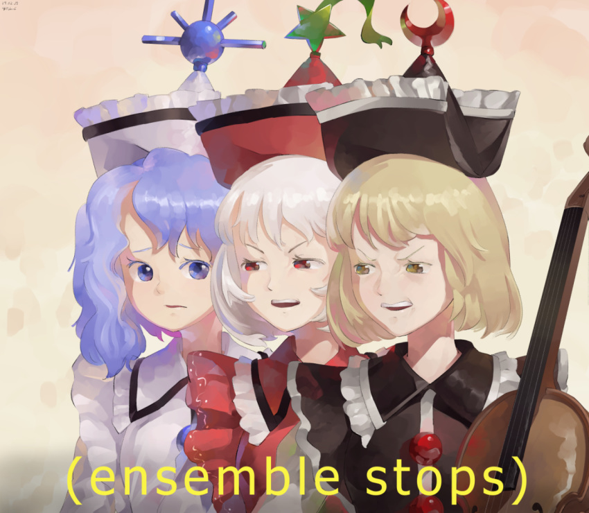 3girls blonde_hair blue_eyes blue_hair buttons crescent dated disgust english_text frills frown glaring hat instrument lunasa_prismriver lyrica_prismriver meme merlin_prismriver multiple_girls open_mouth red_eyes riki6 signature simple_background star teeth touhou violin white_hair yellow_eyes