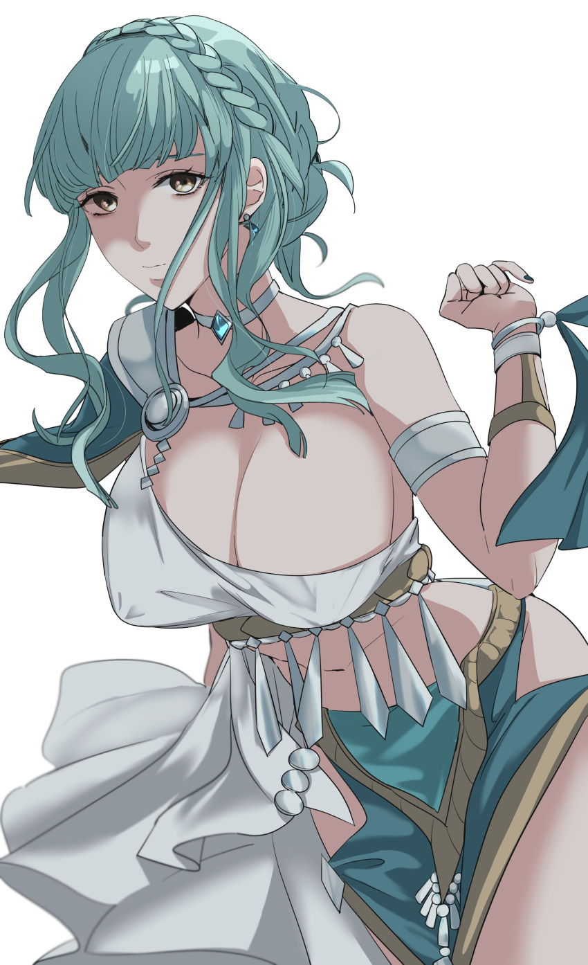 1girl absurdres armlet blue_hair braid breasts brown_eyes cleavage closed_mouth commentary_request crown_braid dancer_(fire_emblem:_three_houses) earrings fire_emblem fire_emblem:_three_houses highres jewelry large_breasts marianne_von_edmund midriff official_alternate_costume pelvic_curtain short_hair sidelocks simple_background solo sou_mei white_background