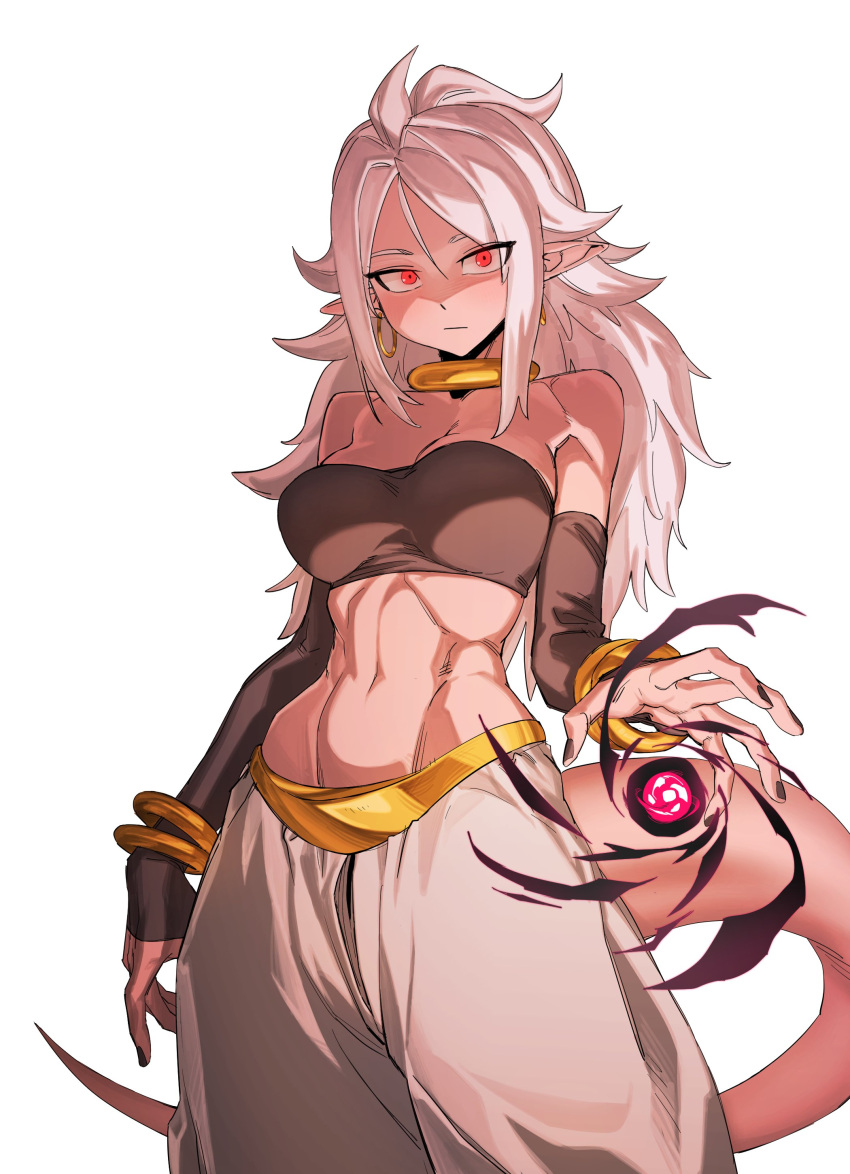 absurdres android_21 aura bare_shoulders black_nails black_sleeves black_tube_top breasts cowboy_shot detached_sleeves dragon_ball dragon_ball_fighterz earrings energy glowing harem_pants highres hoop_earrings jewelry large_breasts linea_alba long_hair majin_android_21 navel pants pink_skirt pointy_ears red_eyes simple_background skirt strapless tail tube_top white_background white_hair white_pants zequung