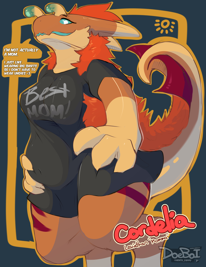 absurd_res anthro aquatic_dragon clothing cordelia_(doeboi) doeboi dragon female half_naked hi_res jewish_mythology larger_female leviathan marine mommy_kink mythological_creature mythological_marine mythological_scalie mythology patreon scalie shirt size_difference solo thick_thighs topwear