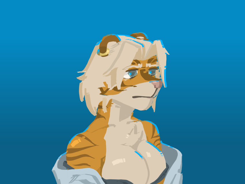 absurd_res anthro clothed clothing ear_piercing ear_ring ethyl felid female hadenthefox hair hi_res mammal pantherine partially_clothed piercing ring_piercing solo tiger white_hair