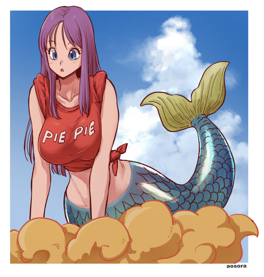 1girl aosora2823 blue_eyes breasts chestnut_mouth cloud cloudy_sky dragon_ball dragon_ball_(classic) flying_nimbus highres large_breasts mermaid mermaid_(dragon_ball) monster_girl parted_lips purple_hair red_shirt shirt sky solo tied_shirt