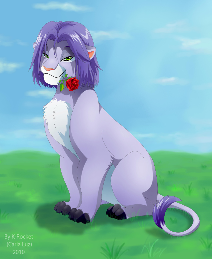 absurdres animal animal_ears cloud cloudy_sky crossover flower grass green_eyes highres james_(pokemon) lion looking_at_viewer male_focus mistressainley pokemon pokemon_(anime) purple_hair rose sitting sky solo solo_focus the_lion_king