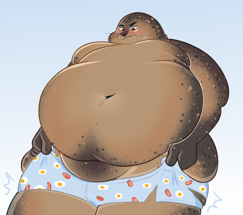2022 anthro anutka belly biped blue_bottomwear blue_clothing blue_shorts blush bottomwear brown_body clothing countershade_face countershade_torso countershading digital_media_(artwork) eyebrows low-angle_view male mammal marine navel obese obese_anthro obese_male overweight overweight_anthro overweight_male pattern_bottomwear pattern_clothing pattern_shorts pinniped pubic_mound seal shaded shorts solo tight_clothing whiskers