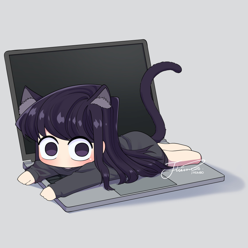 1girl absurdres animal_ear_fluff animal_ears artist_name barefoot black_shorts black_sweater cat_ears cat_tail chibi commentary computer full_body grey_background highres j_humbo kemonomimi_mode komi-san_wa_komyushou_desu komi_shouko laptop long_hair long_sleeves looking_at_viewer lying mini_person minigirl no_mouth no_nose on_stomach purple_eyes purple_hair short_shorts shorts signature simple_background solo sweater tail