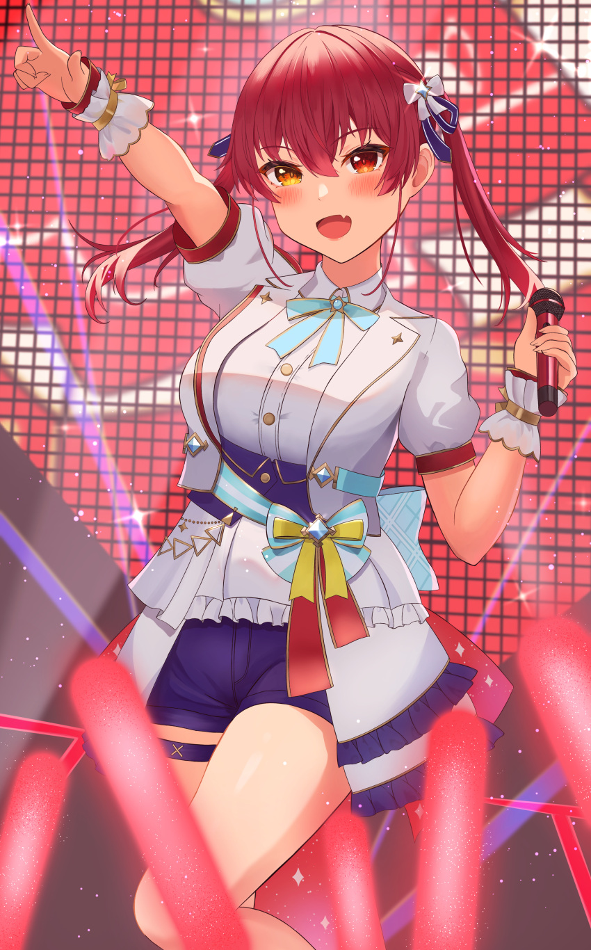 1girl absurdres blue_bow blush bow bowtie concert fang hair_ornament heterochromia highres holding holding_microphone hololive hololive_idol_uniform_(bright) houshou_marine looking_at_viewer microphone multicolored_bow official_alternate_costume open_mouth pointing puffy_sleeves purple_shorts red_hair shirt short_sleeves shorts solo standing sugarillust thigh_strap thighs twintails virtual_youtuber white_shirt