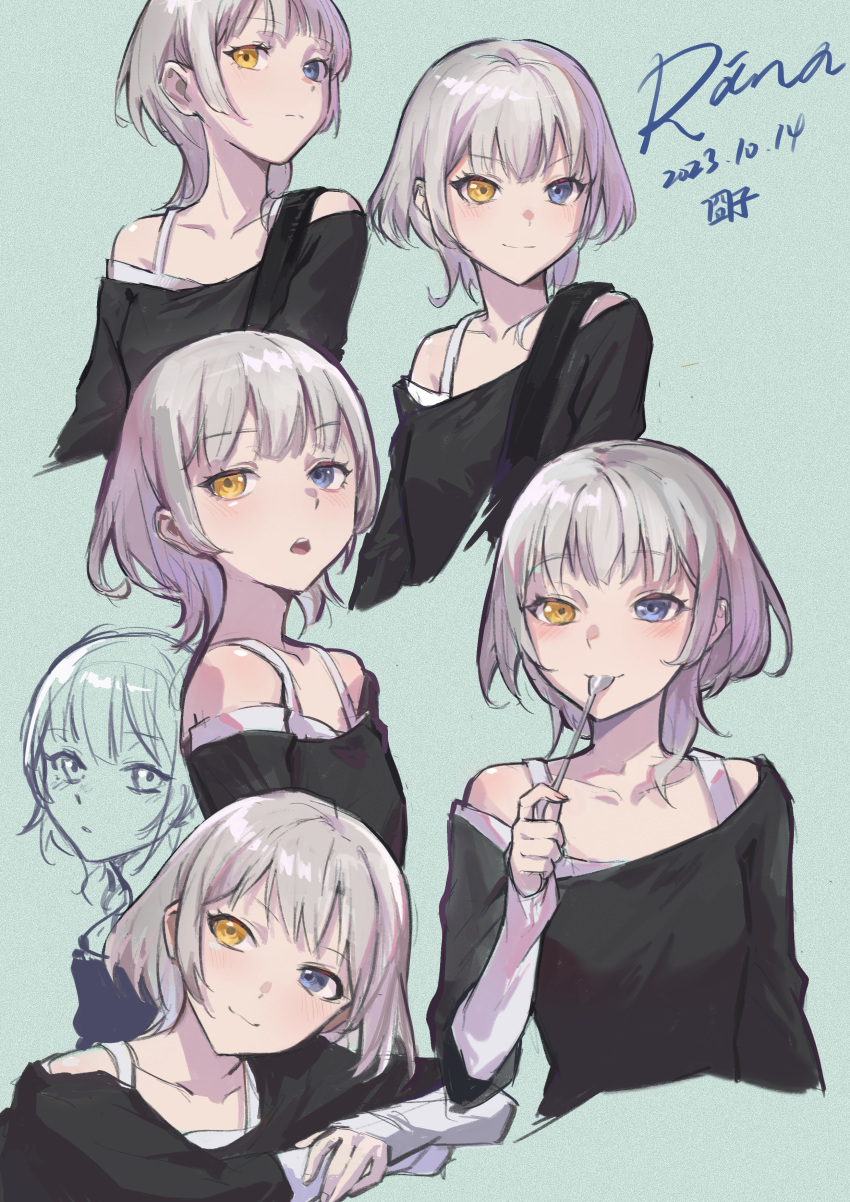 1girl absurdres bang_dream! bang_dream!_it's_mygo!!!!! black_shirt blue_eyes blush character_name closed_mouth commentary dated green_background grey_hair heterochromia highres holding holding_spoon jiong-zi kaname_raana layered_sleeves long_sleeves looking_at_viewer medium_hair multiple_views off-shoulder_shirt off_shoulder open_mouth parted_lips shirt short_over_long_sleeves short_sleeves simple_background spoon utensil_in_mouth yellow_eyes