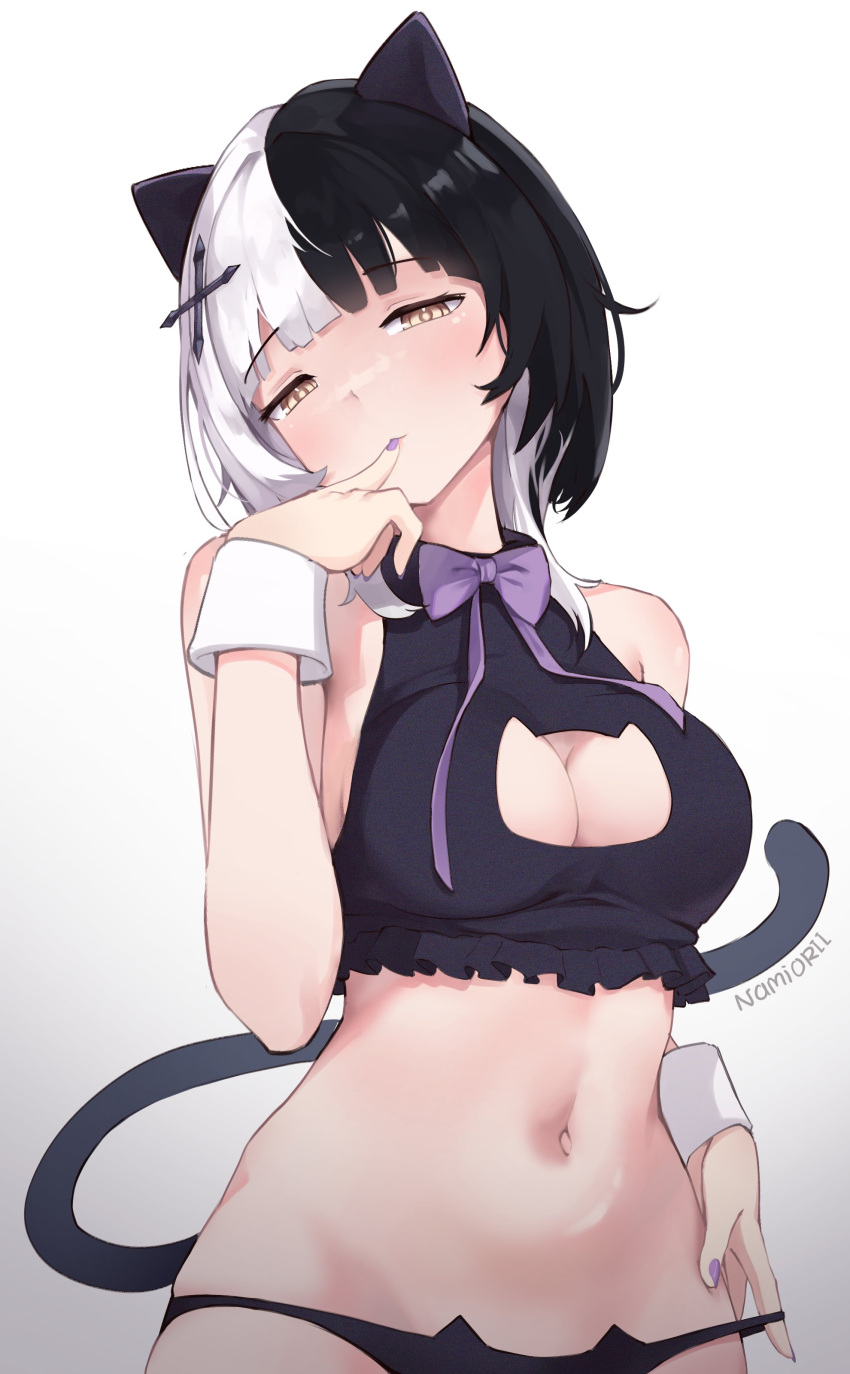 1girl absurdres animal_ears artist_name bare_shoulders black_hair black_panties bow bowtie breasts cat_cutout cat_ear_panties cat_ears cat_lingerie cat_tail cleavage_cutout closed_mouth clothing_cutout commission crop_top cross_hair_ornament fake_animal_ears fake_tail finger_to_mouth fingernails frills grey_hair hair_ornament half-closed_eyes head_tilt highres hololive hololive_english large_breasts light_blush looking_at_viewer medium_hair meme_attire multicolored_hair nail_polish namiorii navel panties purple_bow purple_bowtie purple_nails shiori_novella simple_background sleeveless solo split-color_hair stomach tail two-tone_hair underwear virtual_youtuber white_background white_wrist_cuffs wrist_cuffs yellow_eyes