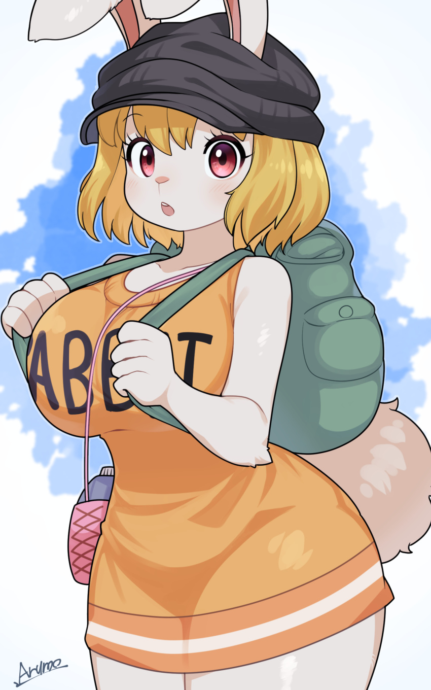 2024 5_fingers absurd_res anthro artist_name arumo backpack big_breasts big_butt blonde_hair breasts butt carrot_(one_piece) clothed clothing curvy_figure eyelashes female fingers hair hat headgear headwear hi_res hourglass_figure lagomorph leporid looking_at_viewer mammal minkmen_(one_piece) one_piece open_mouth rabbit short_hair solo tail text text_on_clothing thick_thighs wide_hips