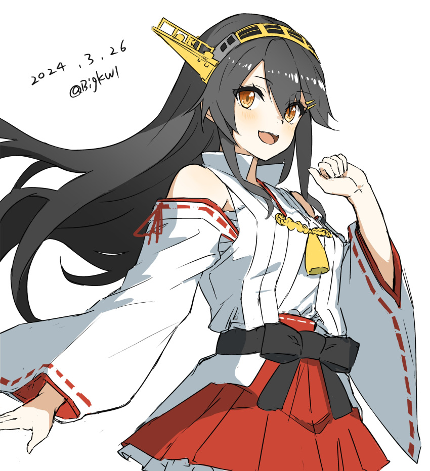 1girl absurdres bigkwl black_hair brown_eyes dated detached_sleeves hair_ornament hairband hairclip hakama hakama_skirt haruna_(kancolle) headgear highres japanese_clothes kantai_collection long_hair nontraditional_miko one-hour_drawing_challenge pleated_skirt popped_collar red_hakama red_skirt ribbon-trimmed_sleeves ribbon_trim simple_background skirt smile solo twitter_username white_background