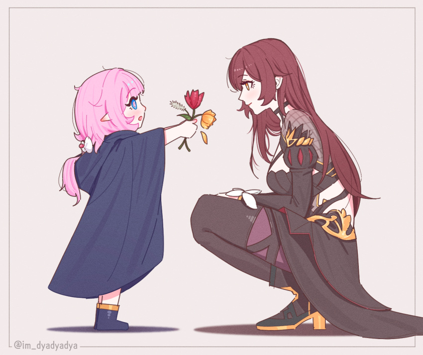 2girls :d aged_down black_footwear black_skirt black_thighhighs blue_eyes boots border breasts brown_hair child cloak closed_mouth dress dyadyadya eden_(honkai_impact) elf elysia_(honkai_impact) elysia_(miss_pink_elf)_(honkai_impact) flower from_side full_body high_heel_boots high_heels holding holding_flower honkai_(series) honkai_impact_3rd long_hair long_sleeves looking_at_another medium_breasts multiple_girls open_mouth pink_hair pointy_ears ponytail profile red_flower red_hair simple_background skirt smile squatting standing thighhighs twitter_username white_flower yellow_eyes yellow_flower