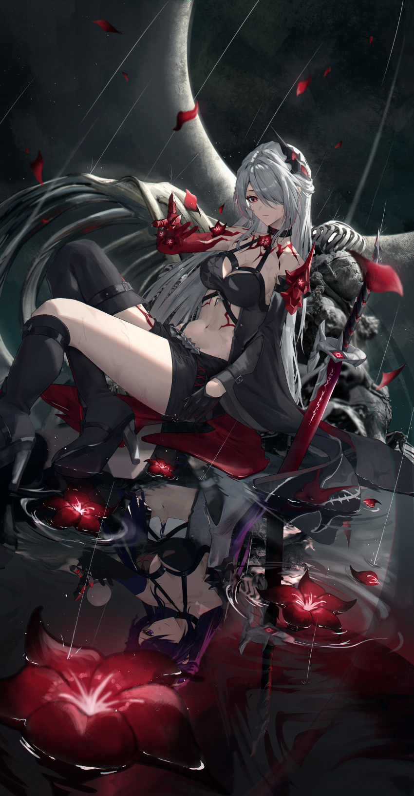 1girl absurdres acheron_(honkai:_star_rail) bakemonsou black_footwear black_gloves black_shorts boots breasts cleavage commentary_request different_reflection flower gloves grey_hair hair_ornament high_heel_boots high_heels highres honkai:_star_rail honkai_(series) knee_up long_hair looking_at_viewer medium_breasts midriff navel official_alternate_color partial_commentary red_eyes red_flower reflection short_shorts shorts sitting solo stomach thighs very_long_hair