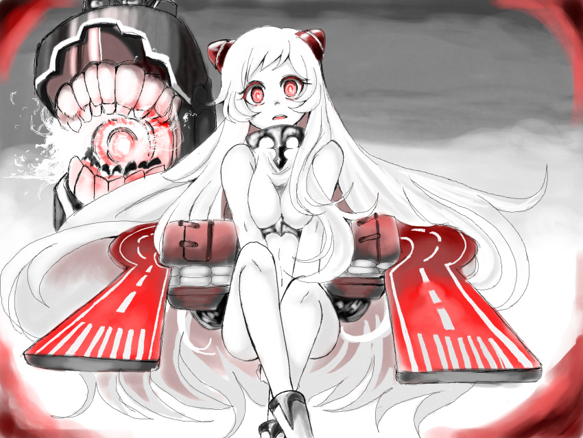 10eki_(tenchou) 1girl abyssal_ship airfield_princess ankle_boots bare_legs between_legs black_horns boots breasts clip_studio_paint_(medium) colored_skin commentary_request crossed_ankles feet_out_of_frame hand_between_legs highres horns kantai_collection leotard long_hair looking_at_viewer medium_breasts open_mouth pale_skin red_eyes runway solo striped_horns teeth turret turtleneck_leotard upper_teeth_only very_long_hair white_footwear white_hair white_leotard white_skin