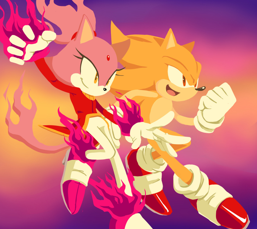 1boy 1girl absurdres blaze_the_cat burning burning_blaze forehead_jewel furry furry_female furry_male gloves highres jacket open_mouth pants pink_footwear pink_fur ponytail red_eyes red_footwear red_jacket siggiedraws smile sonic_(series) sonic_rush sonic_the_hedgehog super_sonic white_gloves white_pants yellow_eyes yellow_fur