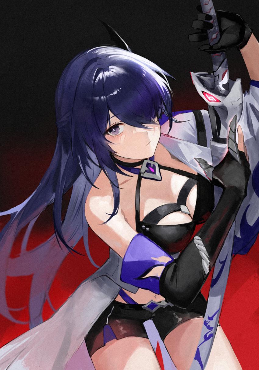 1girl acheron_(honkai:_star_rail) arm_up black_choker black_gloves black_shorts breasts choker cleavage coat coattails detached_sleeves gloves hair_over_one_eye highres holding holding_sword holding_weapon honkai:_star_rail honkai_(series) long_hair looking_at_viewer midriff navel purple_eyes purple_hair s_4ik4 short_shorts shorts single_bare_shoulder solo stomach sword thighs weapon white_coat