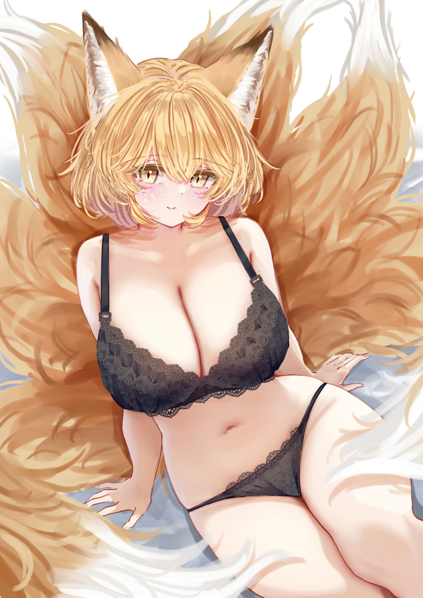 1girl animal_ears arm_support black_bra black_panties blonde_hair bra breasts cleavage closed_mouth commentary_request fox_ears fox_girl highres kitsune kyuubi large_breasts looking_at_viewer multiple_tails navel panties sarasadou_dan short_hair sitting skindentation smile solo stomach tail thighs touhou underwear yakumo_ran yellow_eyes