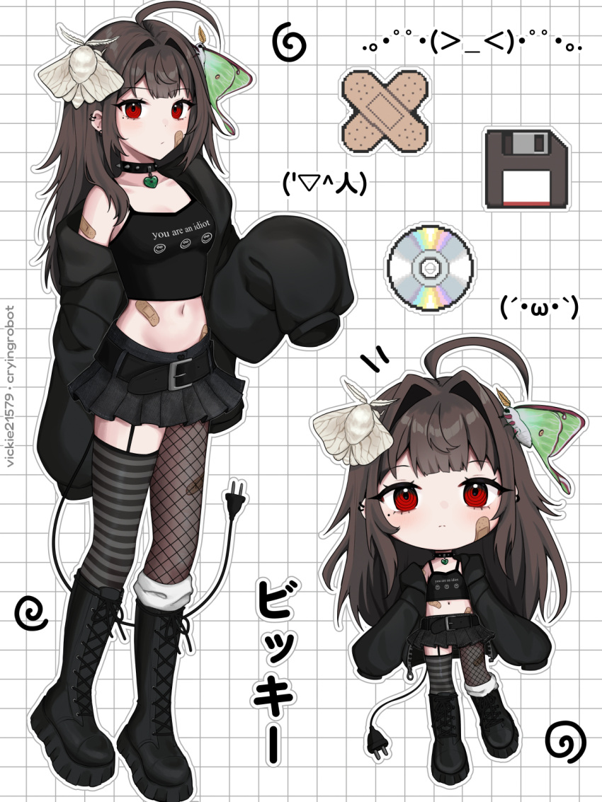 1girl ahoge artist_name asymmetrical_legwear bandaid bandaid_on_arm bandaid_on_cheek bandaid_on_face belt belt_buckle black_belt black_choker black_footwear black_jacket black_shirt black_skirt boots breasts brown_hair buckle bug cable cable_tail cd chibi choker closed_mouth clothes_writing computer_virus cropped_shirt cross-laced_footwear crossed_bandaids ear_piercing electric_plug electric_plug_tail floppy_disk full_body garter_straps grey_thighhighs grid_background hair_intakes heart heart_choker highres jacket kaomoji knee_boots lace-up_boots long_hair long_sleeves looking_at_viewer luna_moth mechanical_tail midriff miniskirt mismatched_legwear mole mole_under_eye moth multiple_views navel open_clothes open_jacket original outline piercing pleated_skirt print_shirt red_eyes ringed_eyes shirt silk_moth single_leg_pantyhose single_off_shoulder single_thighhigh skirt sleeveless sleeveless_shirt sleeves_past_fingers sleeves_past_wrists small_breasts spaghetti_strap spiked_choker spikes standing sticker striped_clothes striped_thighhighs tail thighhighs twitter_username vickie_(cryingrobot) vickie_(cryingrobot)_(character) white_background white_outline