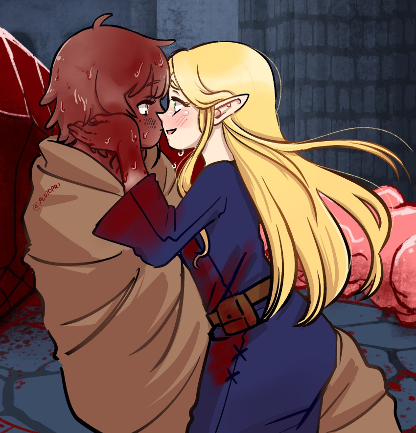 2girls blanket blonde_hair blood blood_in_hair blood_on_clothes blood_on_face blood_on_hands blush corpse dragon dungeon_meshi elf entrails falin_thorden falin_thorden_(tallman) green_eyes highres long_hair marcille_donato multiple_girls organs plutopri pointy_ears short_hair tearing_up tears