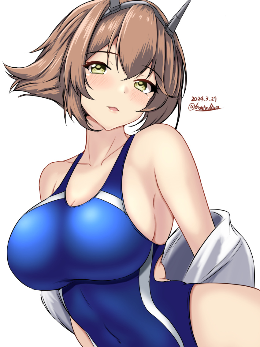 1girl blonde_hair blue_one-piece_swimsuit breasts brown_hair cleavage coat collarbone commentary_request competition_swimsuit covered_navel dated hair_between_eyes hair_ornament highres kantai_collection large_breasts looking_at_viewer montemasa mutsu_(kancolle) one-piece_swimsuit open_mouth short_hair sideboob sidelocks signature simple_background solo swimsuit upper_body white_background white_coat