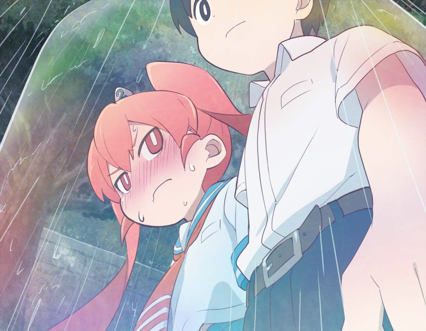 1boy 1girl blush commentary force_field from_below object_on_head orange_eyes orange_hair outdoors rain sakino_shingetsu school_uniform serafuku shared_umbrella sweat tanaka_(ueno-san_wa_bukiyou) twintails ueno-san_wa_bukiyou ueno_(ueno-san_wa_bukiyou) umbrella