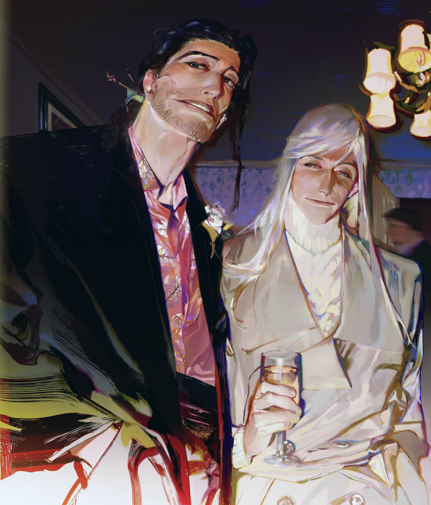 1boy 1girl alcohol beard_stubble black_coat black_eyes black_hair black_pants blue_eyes buttons chandelier closed_mouth coat collared_coat cowboy_shot cup drink drinking_glass facial_hair fingernails floral_print grin hair_ornament hairpin hand_in_pocket high-waist_pants highres holding holding_drink indoors layered_sleeves long_hair long_sleeves looking_at_viewer open_clothes open_coat original pants pink_shirt realistic shianglfgj shirt short_hair smile straight_hair stubble sweater trench_coat turtleneck turtleneck_sweater wavy_hair white_coat white_hair white_sleeves white_sweater wine wine_glass
