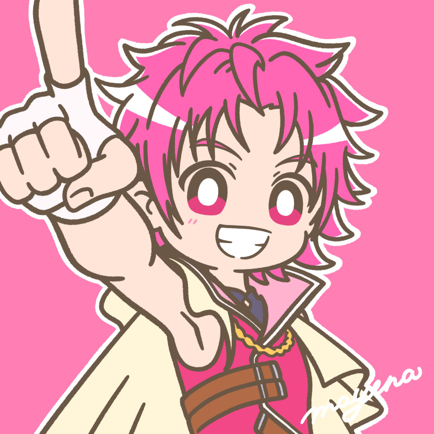 1boy blush bright_pupils cape chain cure_top dancing_star_precure fingerless_gloves gloves gold_chain grin highres hoshikawa_gaku magical_boy mayena outline pink_background pink_eyes pink_hair pointing pointing_at_viewer precure signature simple_background sleeveless smile upper_body white_cape white_outline white_pupils