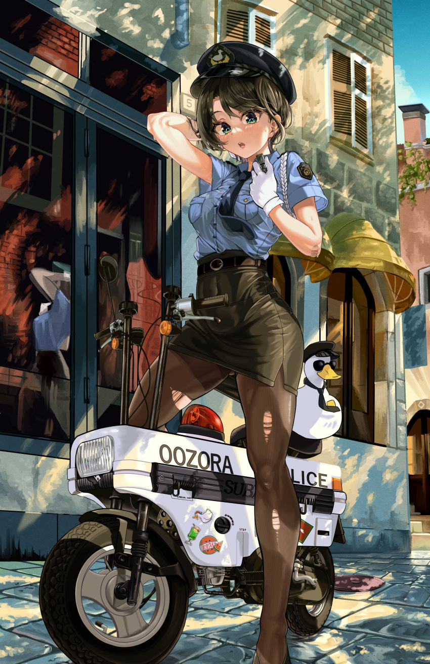 1girl absurdres alternate_costume arm_behind_head belt black_belt black_hair black_skirt blue_eyes blue_necktie blue_shirt blush breasts brown_pantyhose building collared_shirt day gloves hat highres holding hololive honda_motocompo legs looking_at_viewer medium_breasts motor_vehicle motorcycle necktie oozora_subaru outdoors pantyhose parted_lips police police_hat police_uniform policewoman shirt short_hair short_sleeves skirt snarkhunt solo standing subaru_duck sweat swept_bangs torn_clothes torn_pantyhose uniform virtual_youtuber white_gloves