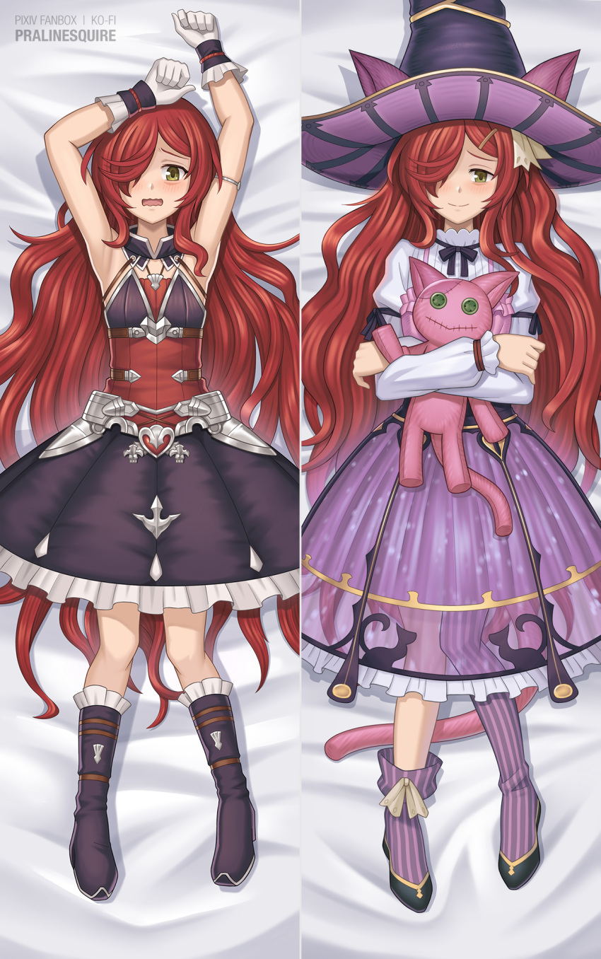 1girl animal_ears anna_(granblue_fantasy) armpits breasts dakimakura_(medium) dress fake_animal_ears frills gloves granblue_fantasy hair_over_one_eye hat highres jewelry long_hair lying medium_breasts on_back pralinesquire red_hair shoes simple_background solo stuffed_toy very_long_hair white_gloves witch