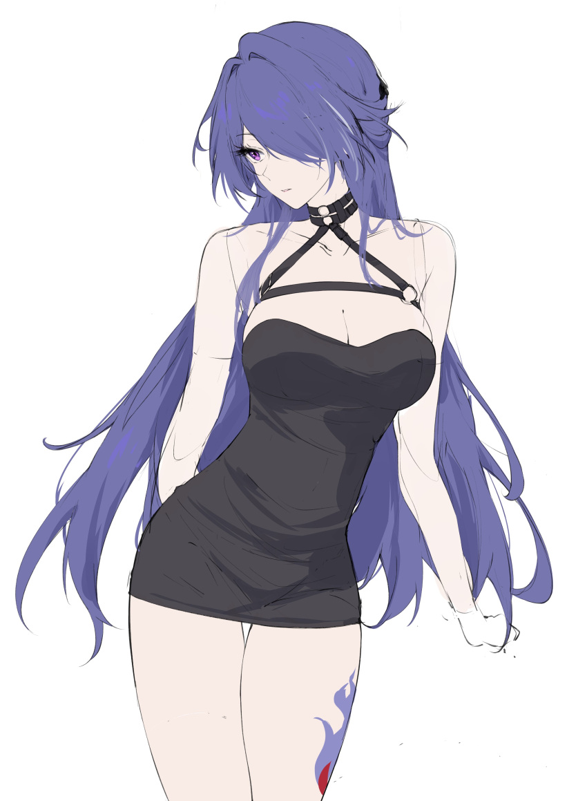 1girl absurdres acheron_(honkai:_star_rail) black_choker black_dress breasts choker commentary cowboy_shot dress feint721 hair_over_one_eye halter_dress halterneck highres honkai:_star_rail honkai_(series) large_breasts leg_tattoo long_hair pencil_dress purple_eyes purple_hair short_dress simple_background solo standing tattoo thighs unfinished very_long_hair white_background