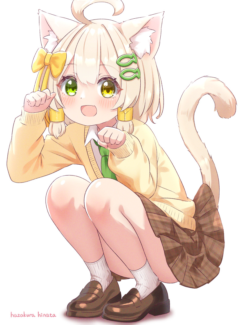 1boy absurdres ahoge animal_ear_fluff animal_ears artist_name blonde_hair blush bow brown_footwear brown_skirt cardigan cat_ears commentary_request convenient_leg fish_hair_ornament full_body green_eyes green_necktie hair_bow hair_ornament hazakura_hinata heterochromia highres huge_ahoge kaya_(hazakura_hinata) loafers long_sleeves looking_at_viewer male_focus necktie open_mouth original otoko_no_ko paw_pose pleated_skirt school_uniform shoes short_hair simple_background skirt smile socks solo squatting tail_raised tareme variant_set white_background white_socks yellow_bow yellow_cardigan yellow_eyes