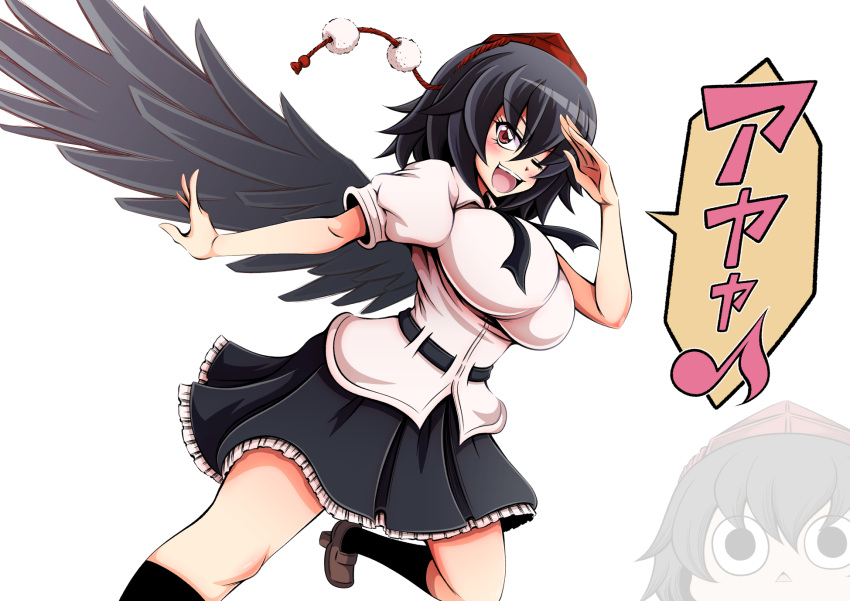 1girl ayaya~ bird_wings black_hair black_wings chibi geta hat hauchiwa hidefu_kitayan highres open_mouth pom_pom_(clothes) red_eyes red_hat shameimaru_aya short_hair simple_background solo tengu tengu-geta tokin_hat touhou triangle_mouth wings