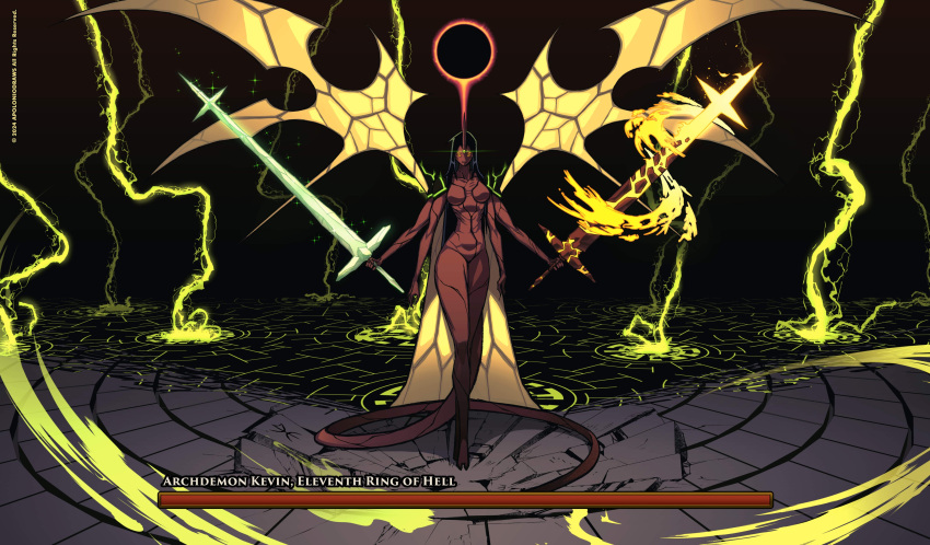 1girl absurdres apoloniodraws black_hair boss_fight colored_skin crack cracked_floor crystal_sword demon_girl dual_wielding extra_arms extra_eyes flaming_sword flaming_weapon genderswap genderswap_(mtf) gills glowing glowing_eye highres holding insect_wings kevin_levin looking_at_viewer mutation red_skin staring sword weapon wings