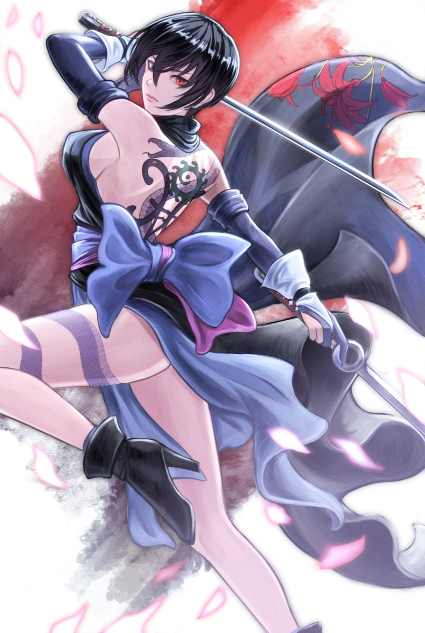 1girl akito1218 arm_up back_tattoo backless_kimono backless_outfit bare_shoulders black_footwear blue_eyes blue_gloves blue_hair blue_kimono breasts closed_mouth cowboy_shot detached_sleeves dual_wielding elbow_gloves fingerless_gloves gloves heterochromia high_heels highres holding holding_sword holding_weapon japanese_clothes kimono leg_tattoo leg_up looking_at_viewer ninja obi partially_fingerless_gloves petals red_eyes reverse_grip samurai_spirits sash shiki_(samurai_spirits) short_hair short_sword smile solo sword tantou tattoo weapon