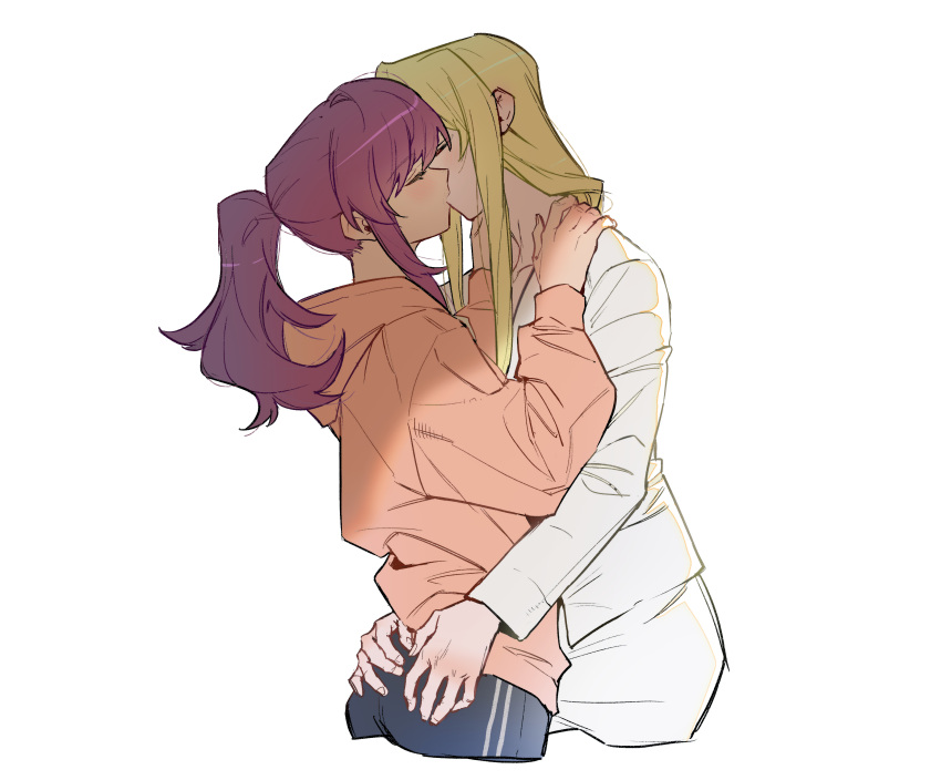 2girls absurdres ass_grab blonde_hair closed_eyes couple highres hood hoodie kaleido_star kiss layla_hamilton long_hair multiple_girls naegino_sora orange_hoodie pink_hair ponytail rekari_(rekari628) sidelocks very_long_hair white_background yuri