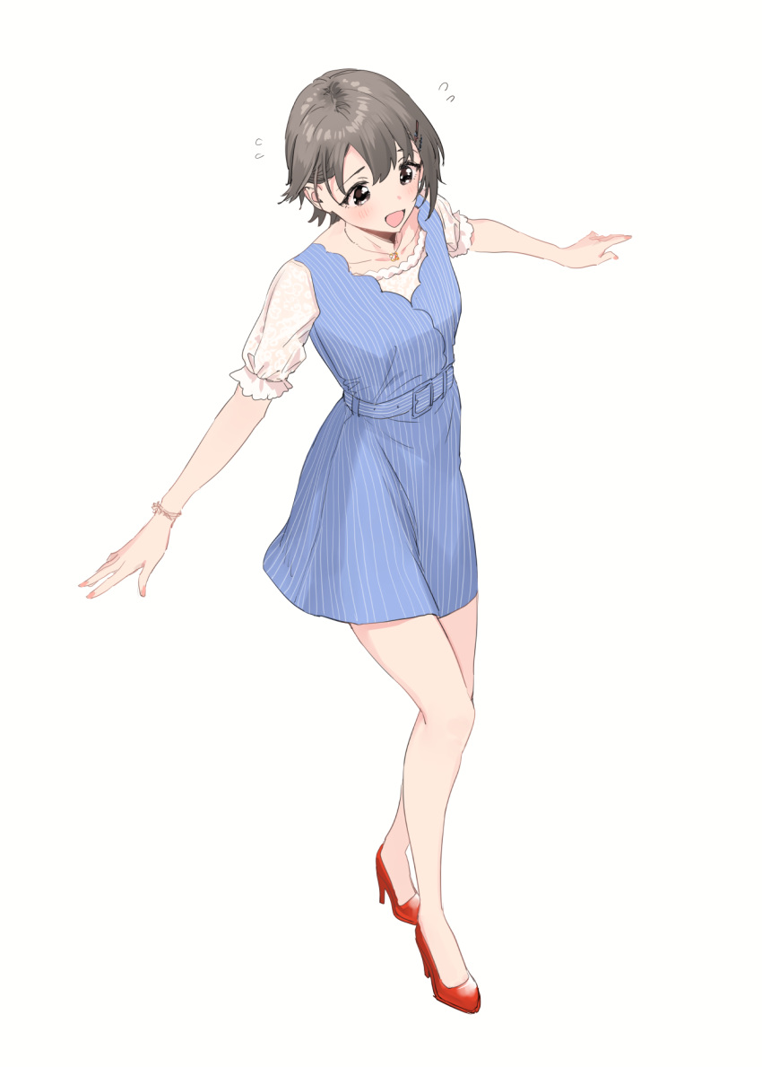 1girl bare_legs belt_buckle blue_dress blush buckle dress flying_sweatdrops full_body goshiki_suzu grey_hair high_heels highres idolmaster idolmaster_cinderella_girls looking_ahead otokura_yuuki outstretched_arms red_footwear shirt short_hair short_sleeves smile solo white_shirt