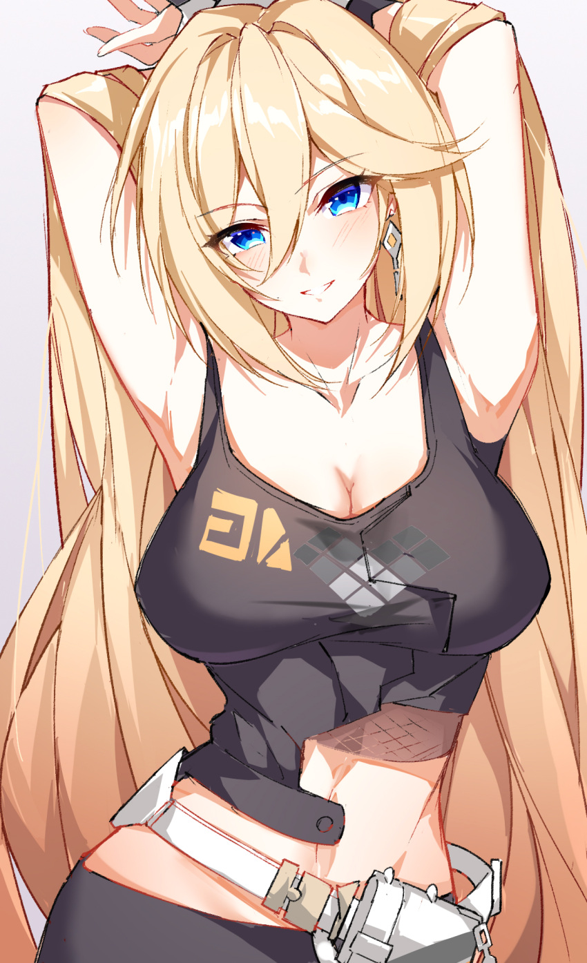 1girl :d armpits arms_up belt bianka_durandal_ataegina bianka_durandal_ataegina_(dea_anchora) black_pants black_shirt blonde_hair blue_eyes breasts casual cleavage earrings evzeva grin highres honkai_(series) honkai_impact_3rd jewelry large_breasts long_hair looking_at_viewer pants shirt single_earring smile solo teeth very_long_hair