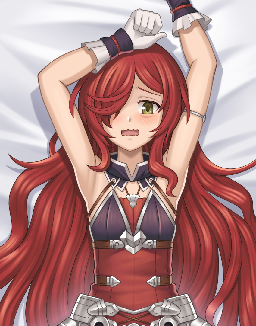 1girl animal_ears anna_(granblue_fantasy) armpits breasts dakimakura_(medium) dress fake_animal_ears frills gloves granblue_fantasy hair_over_one_eye hat highres jewelry long_hair lying medium_breasts on_back pralinesquire red_hair shoes simple_background solo stuffed_toy very_long_hair white_gloves witch