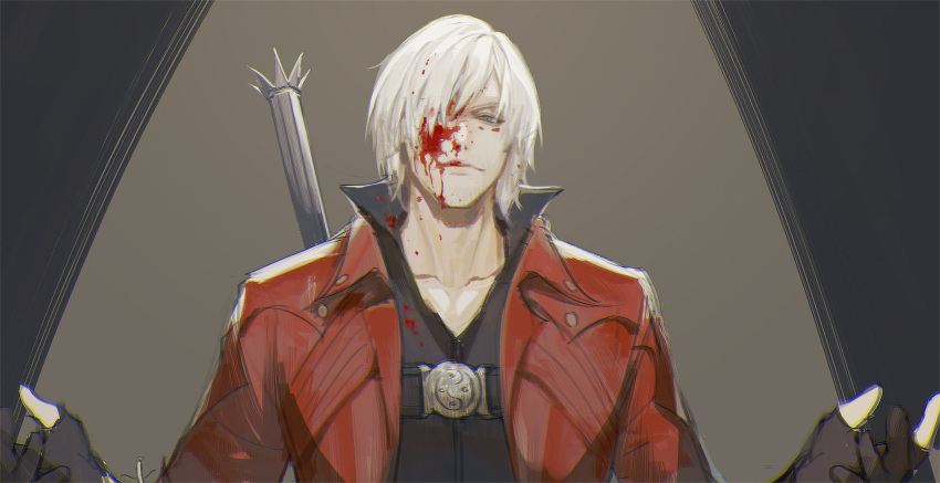 1boy blood blood_on_face blue_eyes coat cumcmn dante_(devil_may_cry) devil_may_cry_(series) devil_may_cry_4 fingerless_gloves gloves hair_over_one_eye highres looking_at_viewer male_focus red_coat simple_background smile solo white_hair